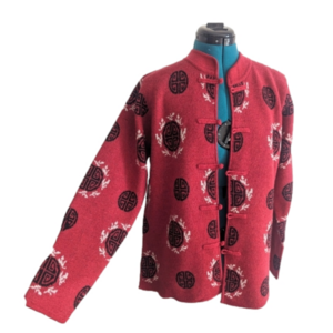 Norm Thompson Womens Oriental Chinese Red Wool Sweater Button Medium